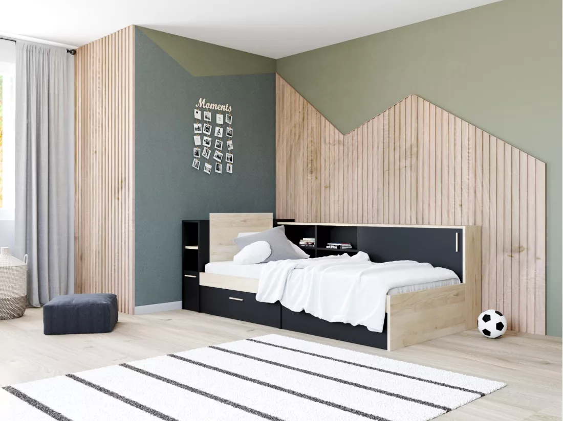 Lit modulable 90 x 190/200 cm avec rangements - Noir et naturel + Sommier - LIARA