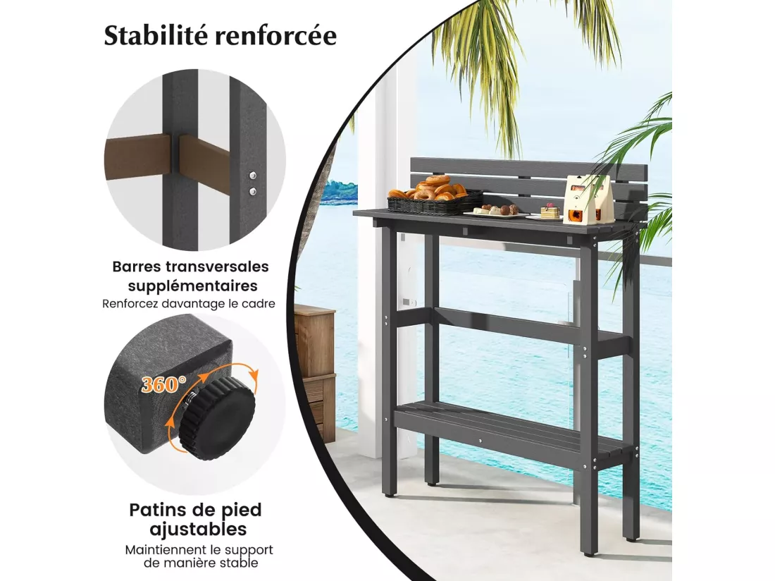 Table de Bar de Jardin de 122 cm avec Étagère de Rangement, Table de Terrasse avec Repose-Pieds Réglables pour Toutes Saisons, Table de Comptoir pour Jardin Salon,Gris