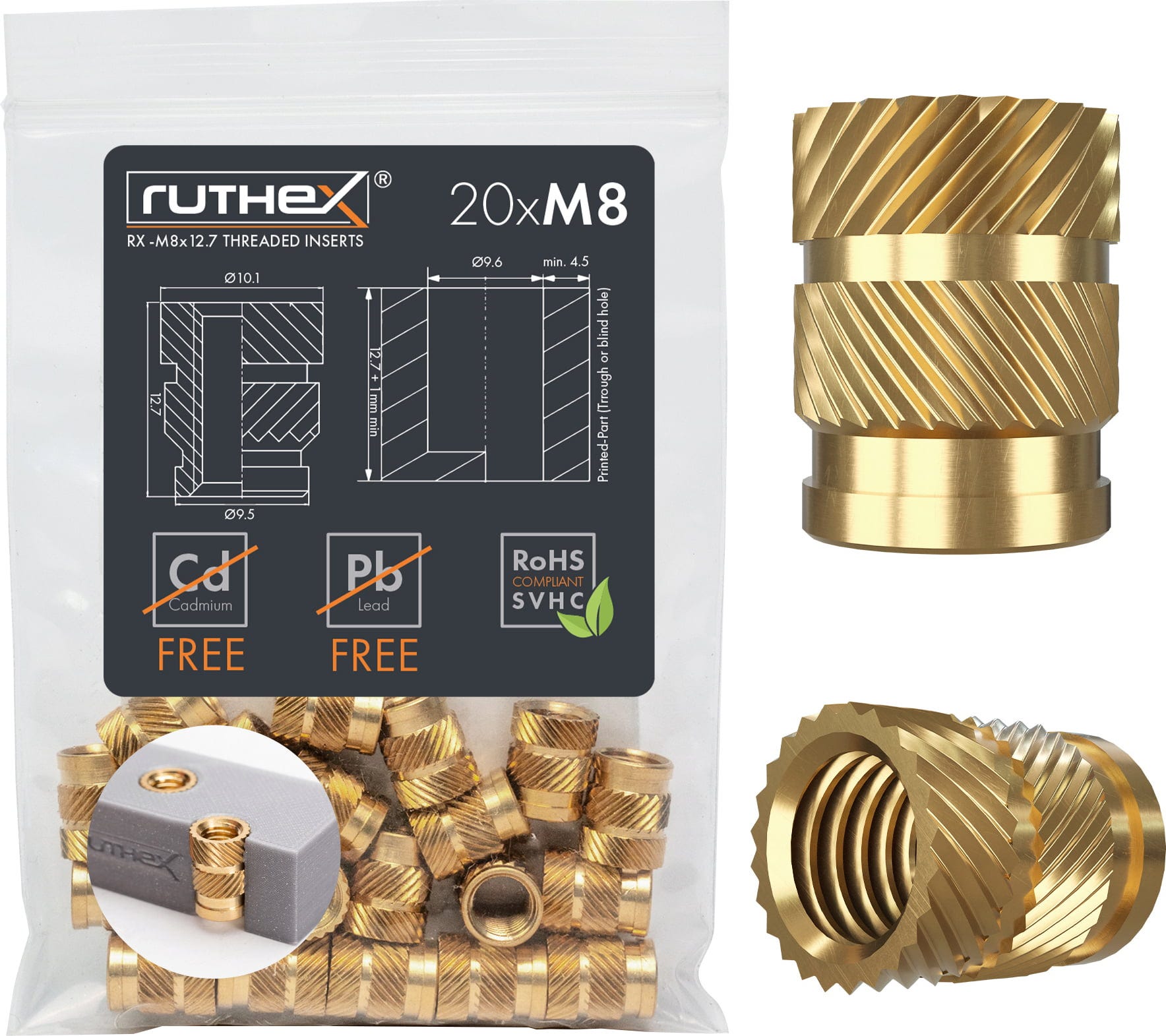 ruthex  Gewindeeinsatz M8 (20 Stück), M8x12,7    Hochwertige Gewindebuchsen aus Messing