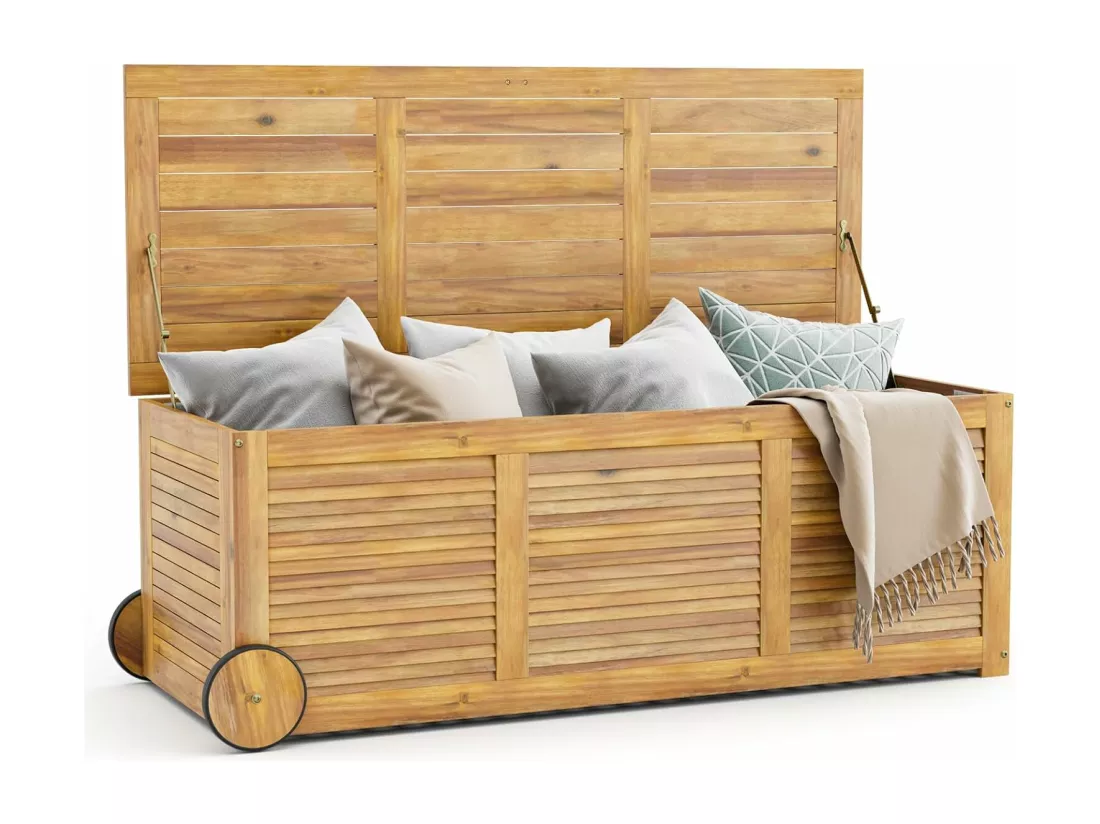 Coffre de Rangement 182L en Bois d'Acacia avec Charnière en Métal, Coffre de Jardin à Roulettes Charge 150KG 127 x 50 x 45 cm, Naturel