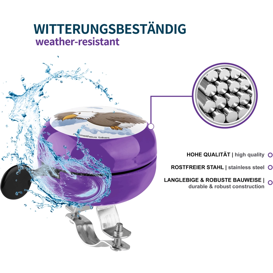 PROMETHEUS BICYCLES® Klingel für Kinder - Ding Dong Kinder-Fahrrad-Glocke - 60 mm - Links Montage, Violett