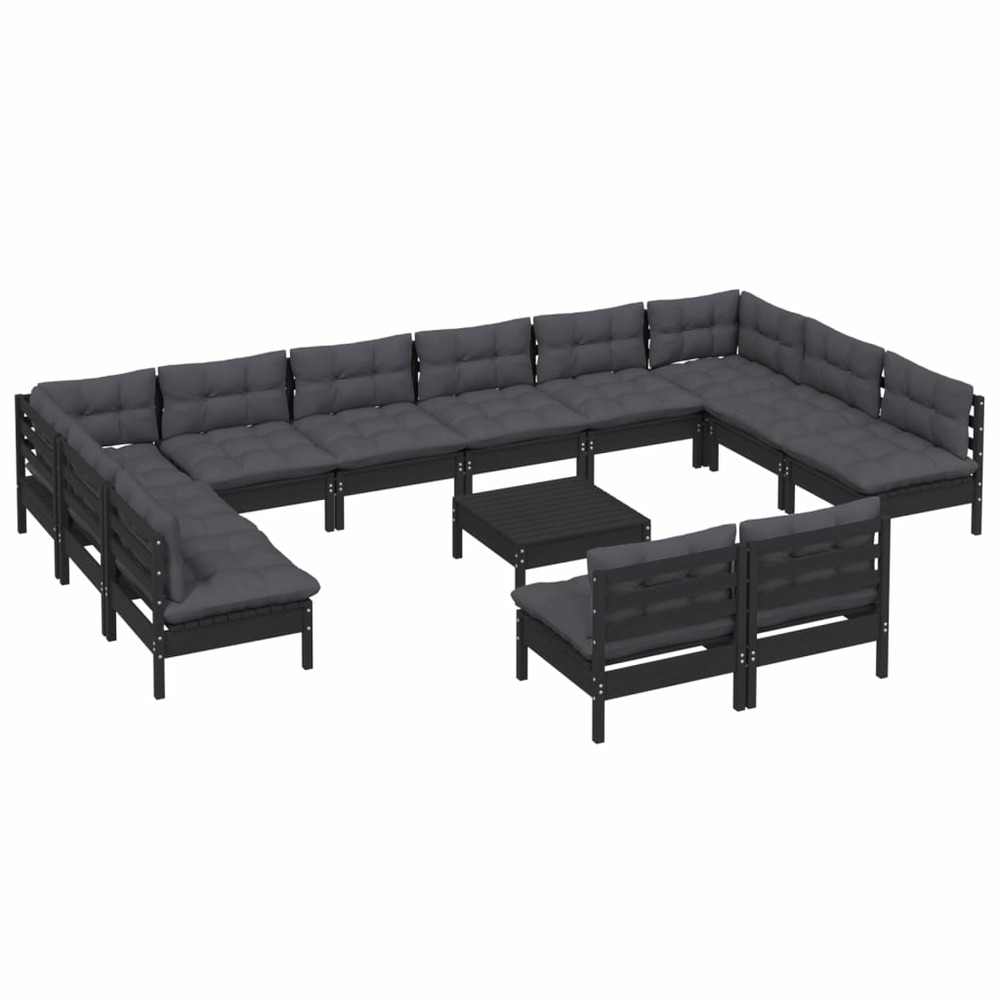 Salon de jardin meuble d'extérieur ensemble de mobilier 13 pièces avec coussins noir bois de pin massif