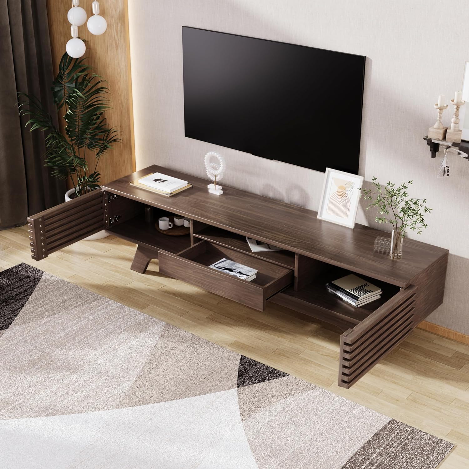 Merax TV Schrank, TV Lowboard mit 1 Schublade, 2 Türen, offenen Fächern und Kabeldurchführung, für Fernseher und Multimedia-Geräte, Holzfarbe, 150x35x44 cm