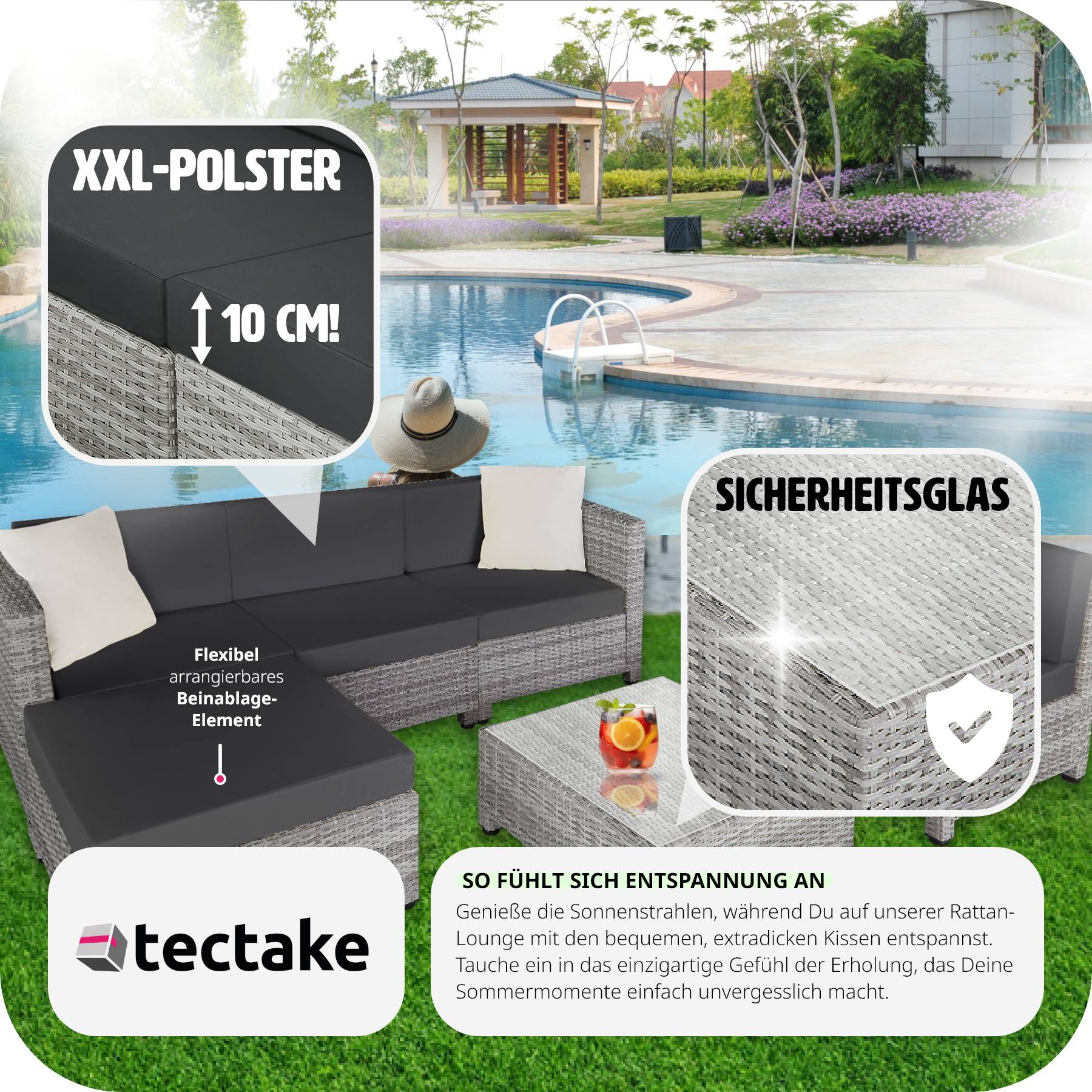 tectake® Rattan Lounge, mit Aluminiumgestell, wetterfest und UV-beständig, mit Sicherheitsglasplatte