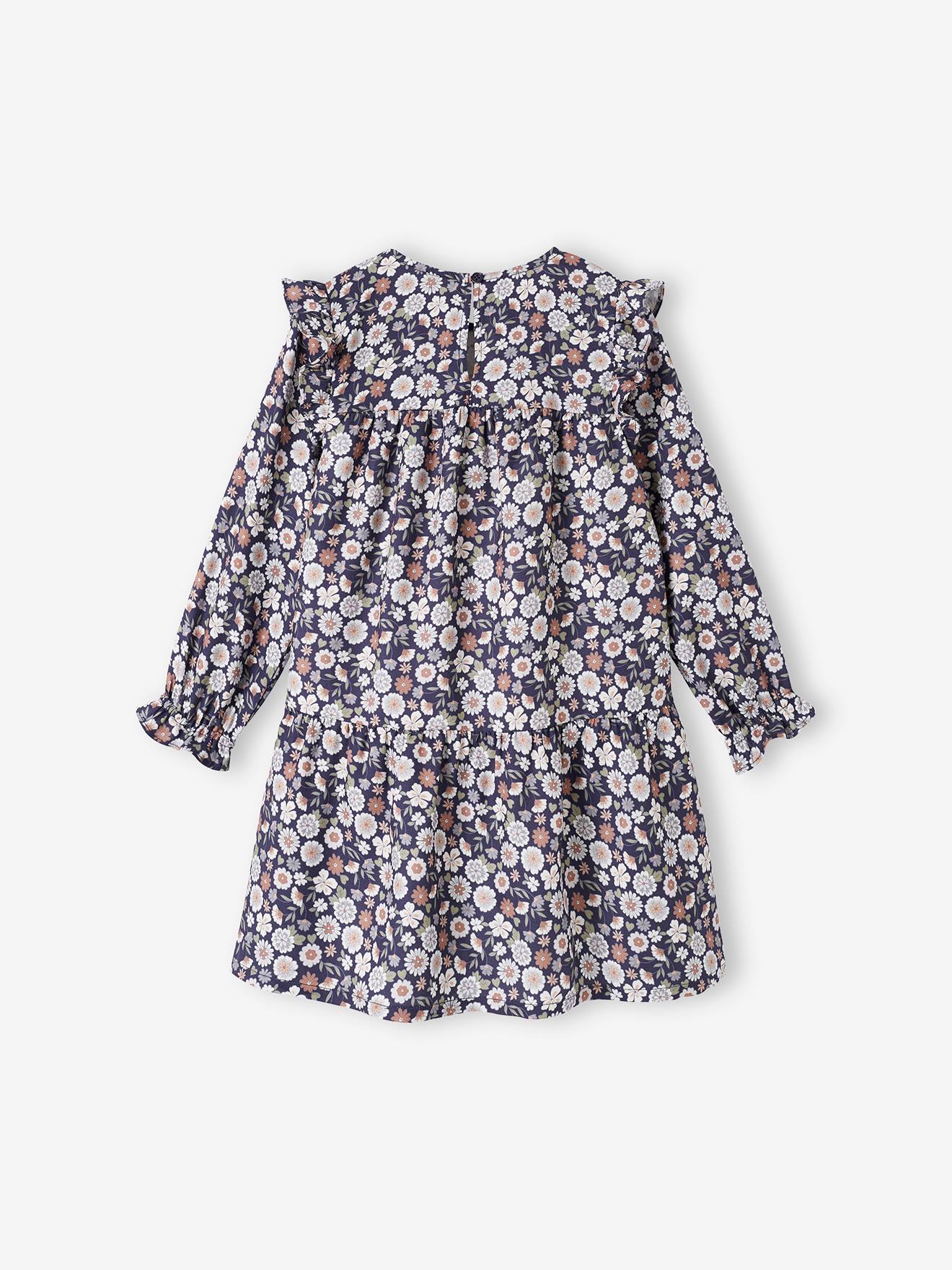 Vestido fluido com babados e motivos florais, para meninas, azul escuro