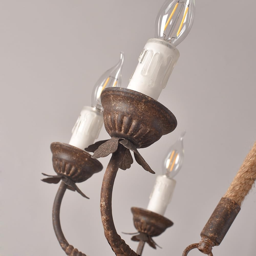 Homary Candlely 8-Light Rustikaler Kronleuchter, Eisen & Hanfseil Pendelleuchte Nautischer Stil Metall Kandelaber mit verstellbarer Kette, Vintage Bauernhaus Beleuchtung für Esszimmer & Foyer