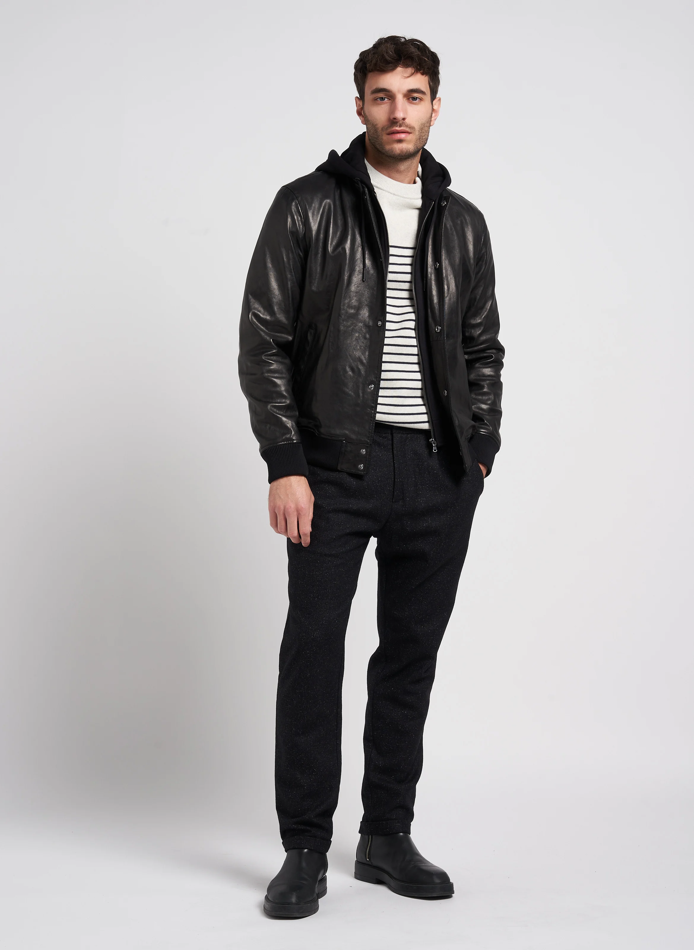 Veste en cuir à capuche| Noir