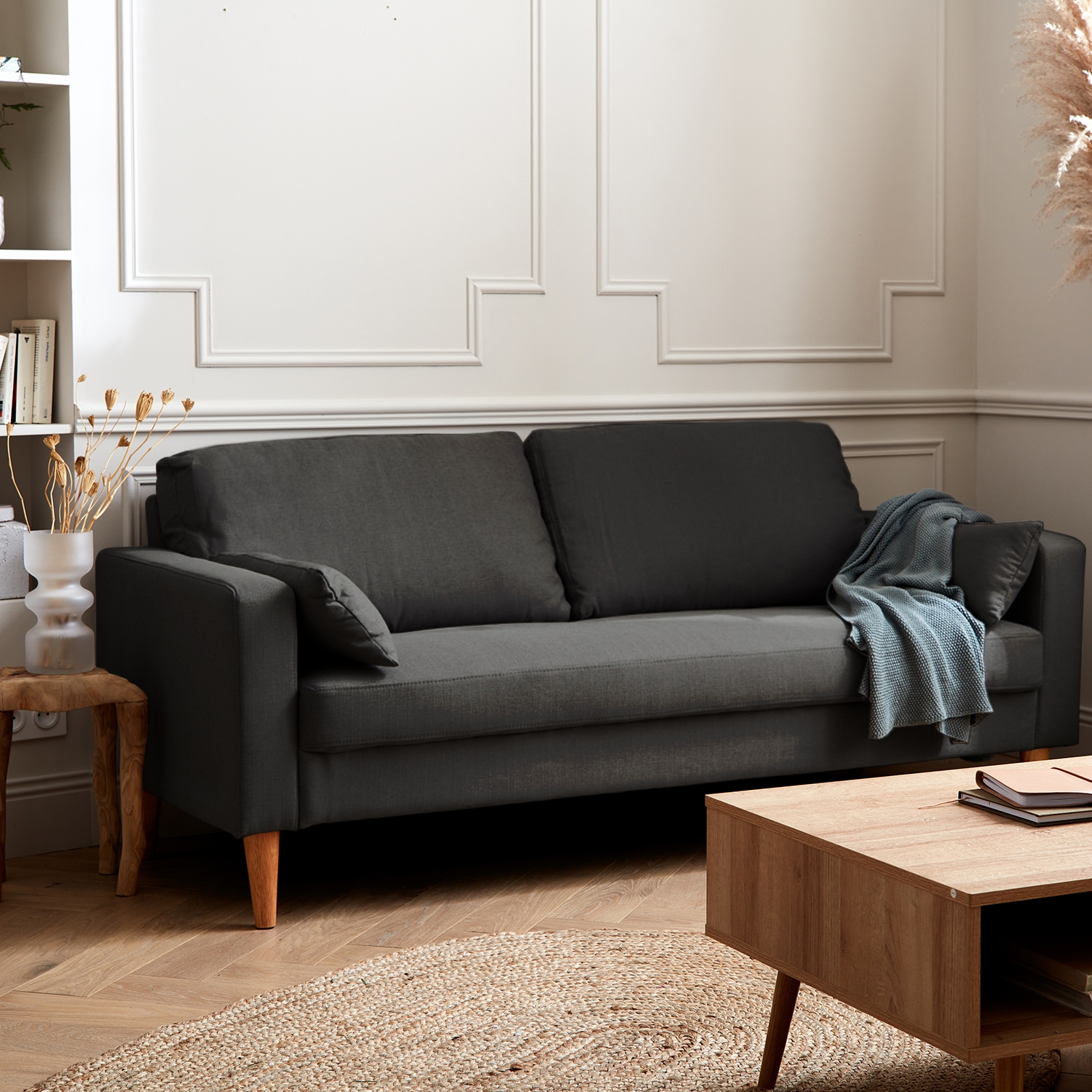 Canapé en tissu gris chiné foncé - bjorn - canapé 3 places fixe droit pieds bois. Style scandinave
