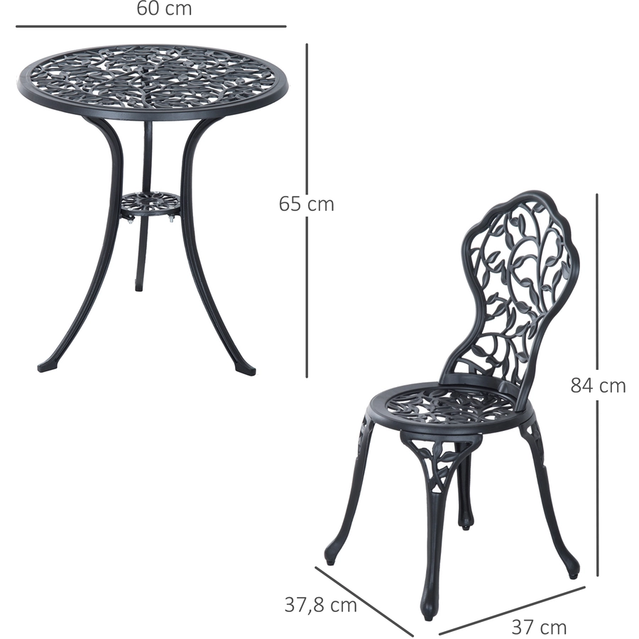 Outsunny Bistroset mit 2 Stühlen und Tisch mit Blätter-Design schwarz