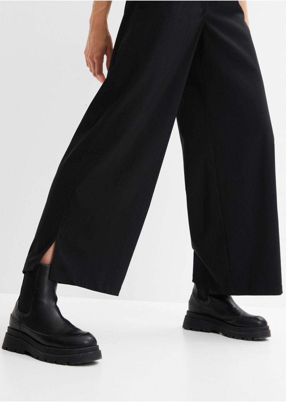 Pantalon taille extensible en bengaline avec jambes larges et fente, taille confortable