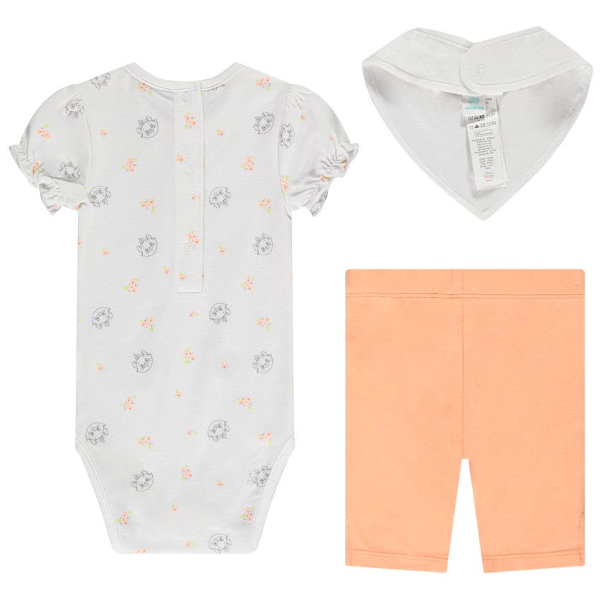 Ensemble 3 pièces en jersey body + corsaire + bavoir Marie Disney pour bébé fille - Blanc