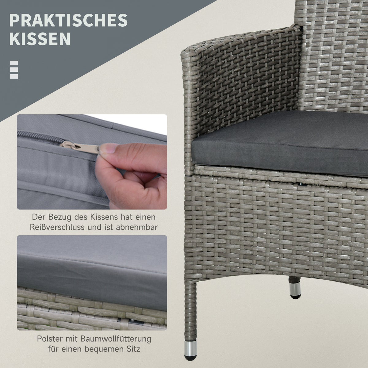 Outsunny 3-delige tuinset, B60 x D58,5 x H89,5 cm, metaal, PE-rotan, polyester, schuim, grijs