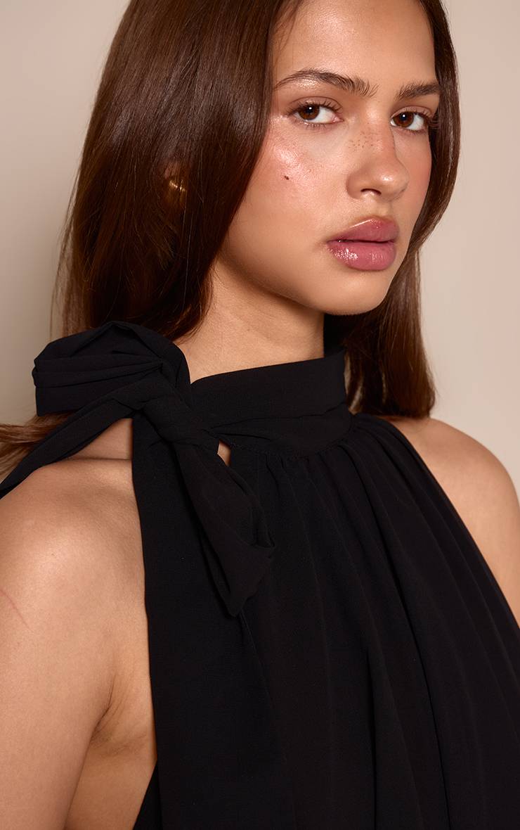 Noir Robe Mini Bouffante En Mousseline Avec Nœud Au Cou