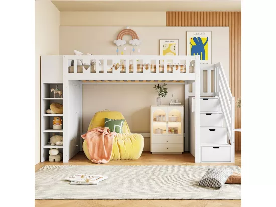Lit en mezzanine, 90*200 cm, échelle de rangement, étagères, armoires de rangement à charnières, espace dressing sous le lit, poignées d'amour, blanc