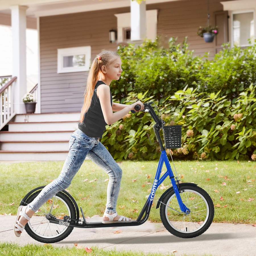 HOMCOM Kinderroller mit Vorderkorb blau, weiß