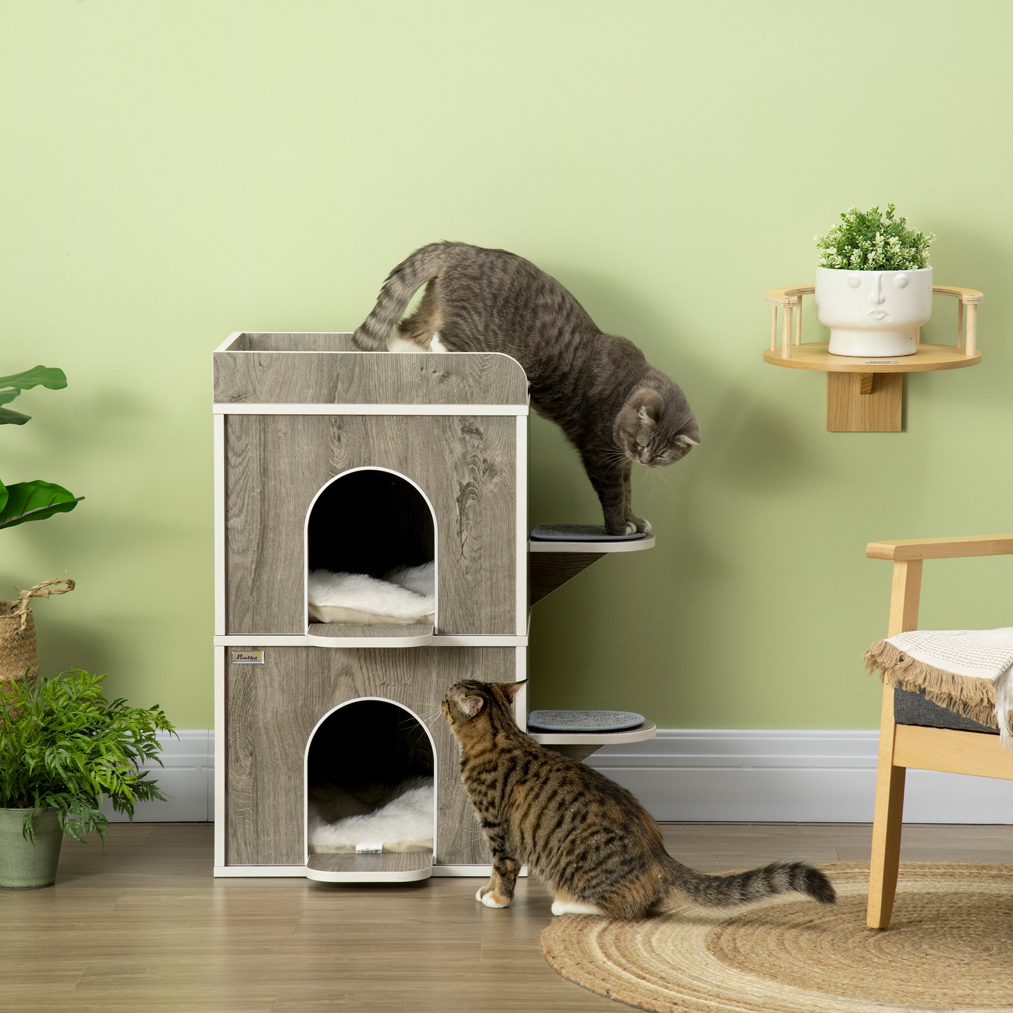 Casinha de madeira para gatos Pawhut, em formato de barril, com 3 almofadas, 2 orifícios frontais e 2 plataformas laterais, 68 x 53 x 80,5 cm, cinza.
