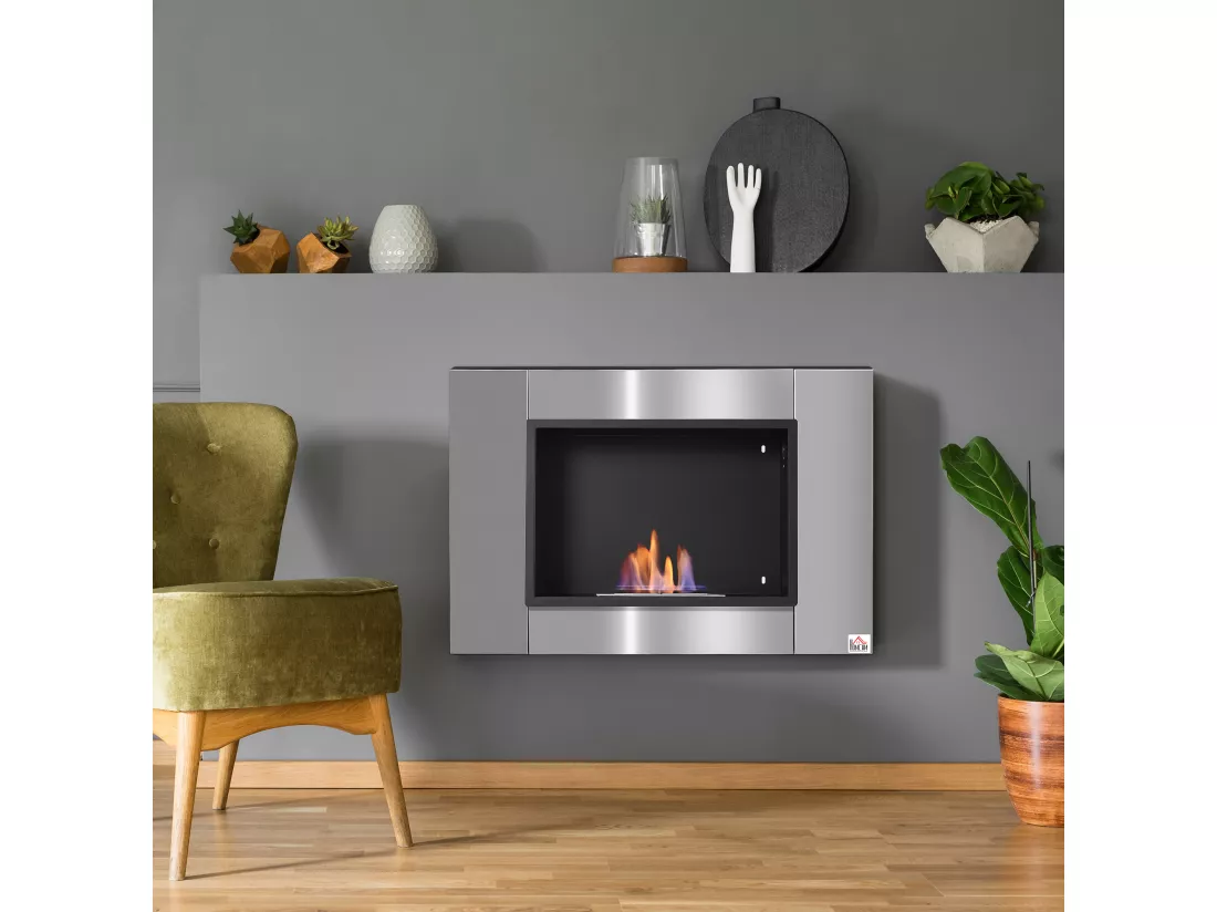 Cheminée bioéthanol murale design Bauhaus 1 brûleur 1,5 L couverture 20-25 m² acier inox brossé