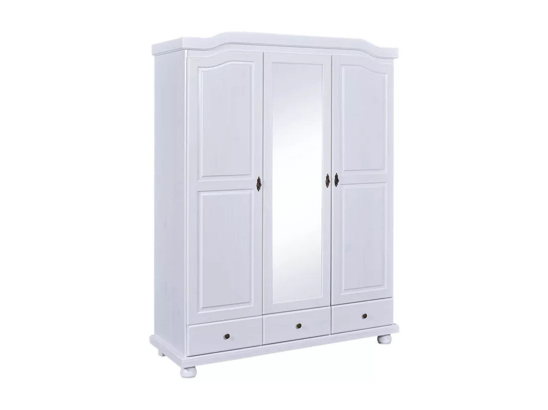 NEDER - Armoire 3 Portes Avec Penderie Bois Massif Vernis Blanc