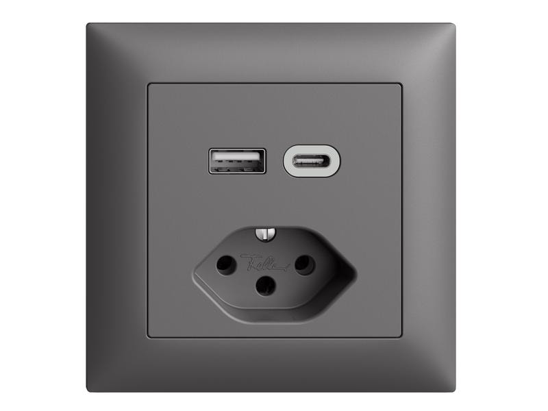 Feller EDIZIOdue Steckdose 1x USB A, 1x USB C 3 A,15 W, Dun EDIZIOdue colore USB A C/T13 Kombination 3.0A