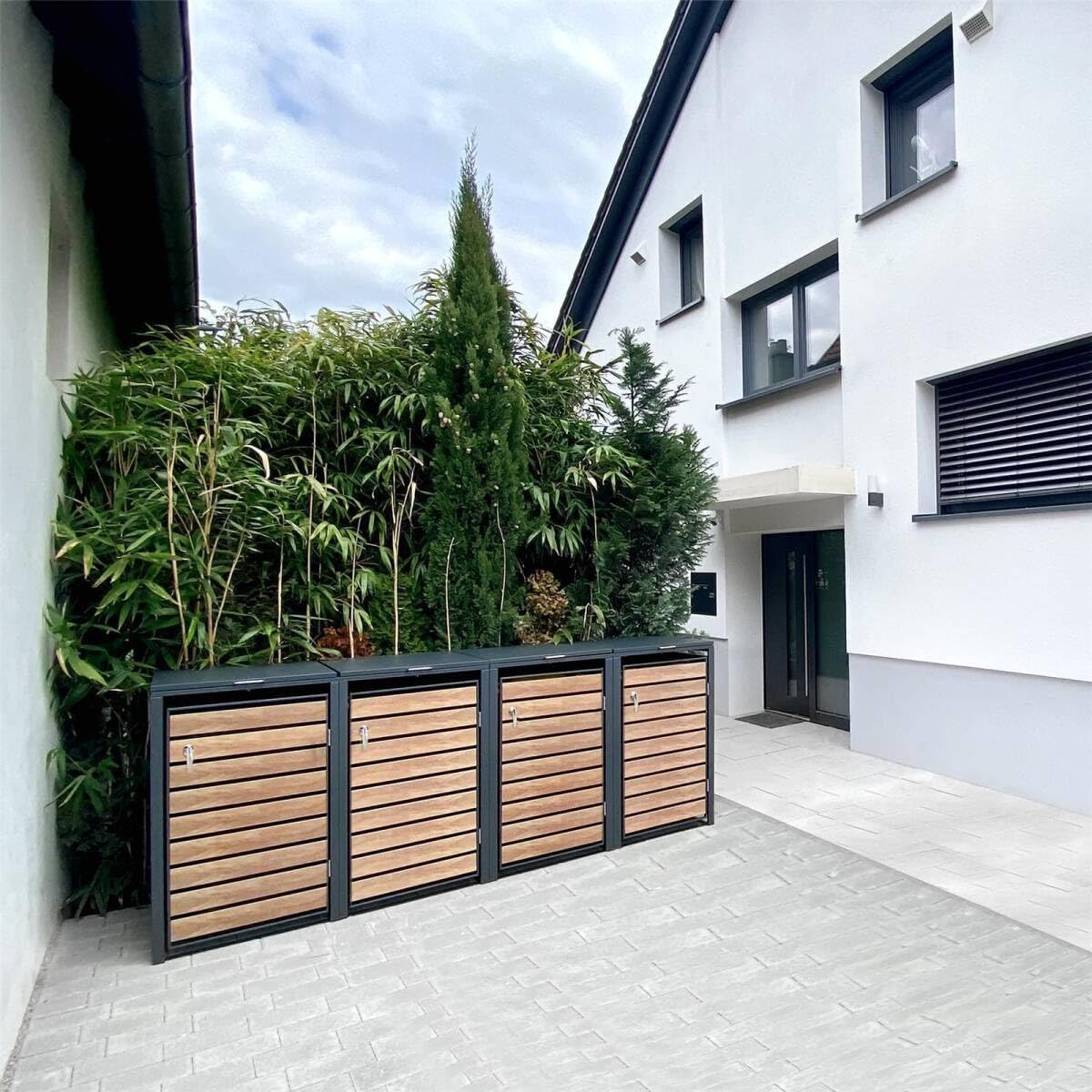 Metzler Mülltonnenbox in Anthrazit & Holzoptik 4er 240L, Mülltonnenverkleidung 4 Tonnen, witterungsbeständiger und pulverbeschichteter Stahl mit Automatikdeckel, abschließbar, Garten- und Müllbox