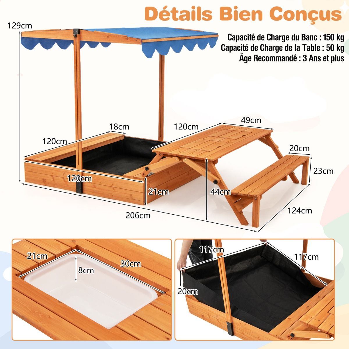 Bac à Sable en Bois pour Enfants avec Couvercle Aire de Jeux avec Table Sensorielle Pliable & Banc Parasol Ajustable pour 3+ Ans Naturel - Lidl-Manfred