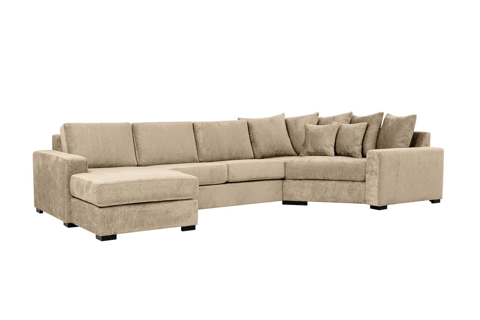 Modern Living U-sofa Sjeselong venstre med 2-seter og cosy corner høyre.Tekstil Movie 9 Cappuccino med Arm A og ben 2 sortbeiset eik.