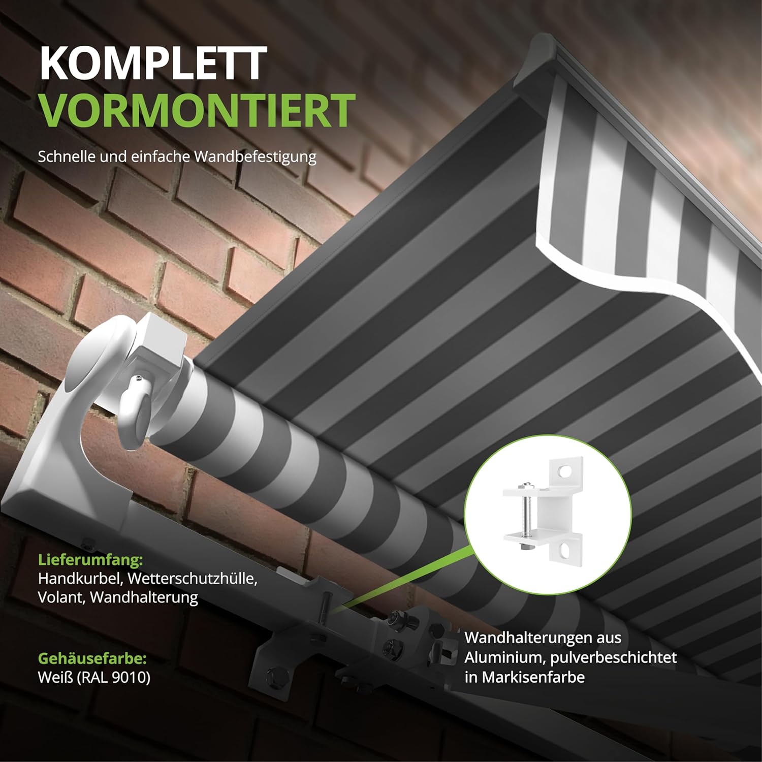 Eclipse Gelenkarmmarkise Economy 3x2,5m mit Handkurbel Markise Sonnenschutz Balkon Terrassenüberdachung Markisenstoff 280g/m² Polyester (PE) inklusive UV-Schutzfaktor 50+, Markisentuchfarbe: Grau