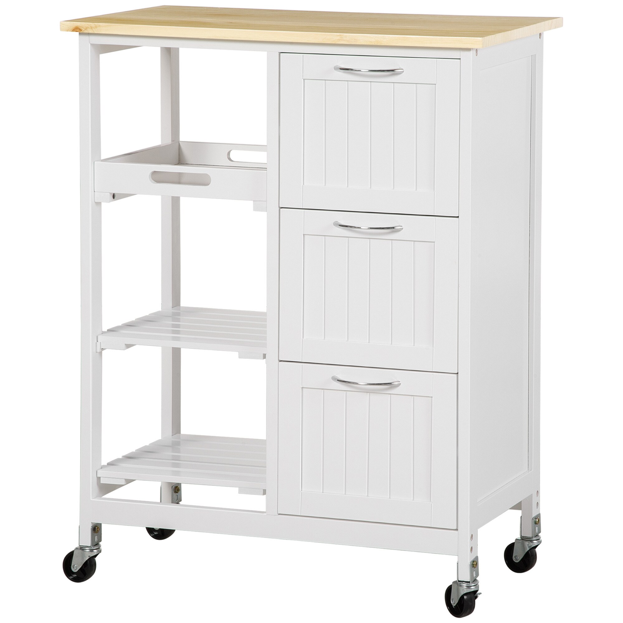 HOMCOM Küchenwagen mit drei großen Schubladen und 3 Ablagefächern natur, weiß 67L x 37B x 84H cm