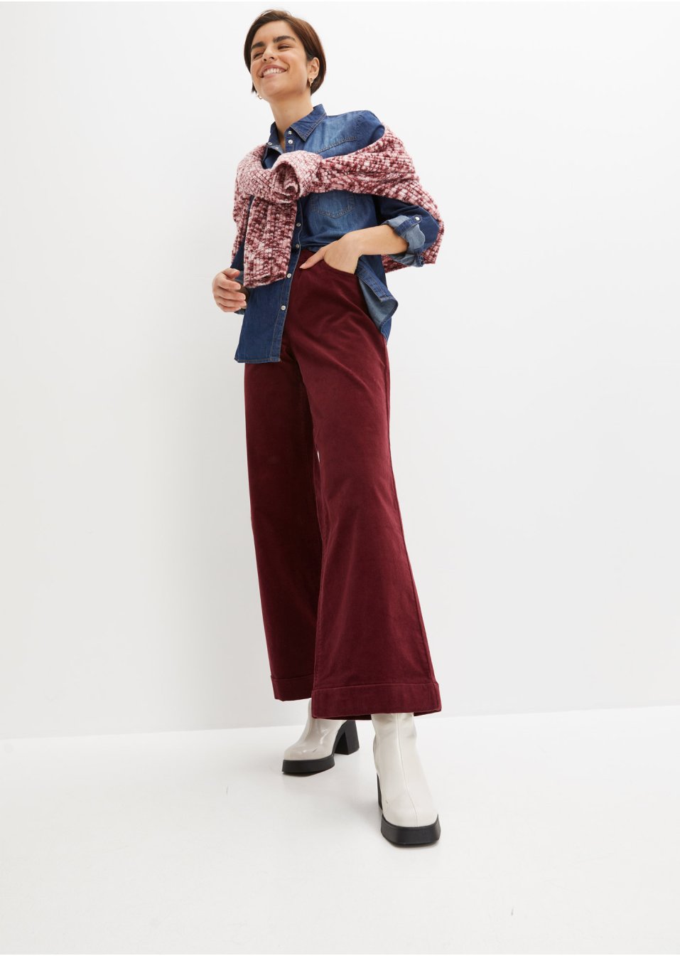 Pantalon Marlène ample en velours côtelé avec taille haute extensible