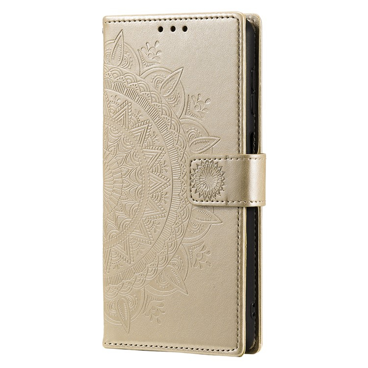 Samsung Galaxy S24 FE Leder Tasche Wallet - Mandala Flowers Imprint - Gold