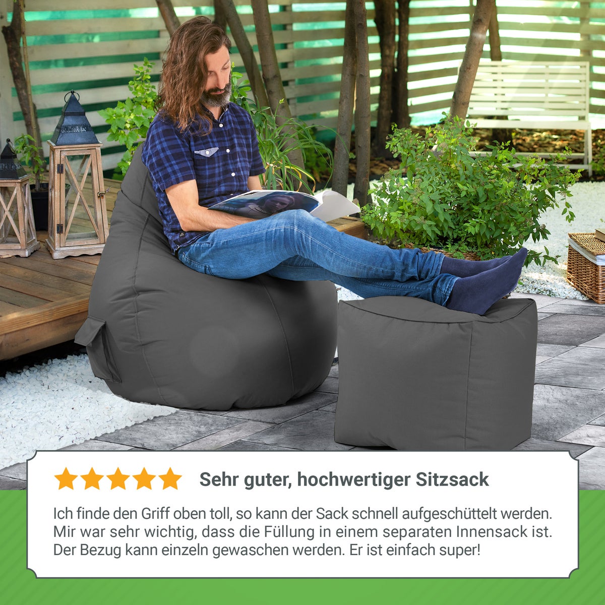 Green Bean Zitzak met rugleuning 80x70x90cm - Gaming stoel met 230L vulling, comfortabel, zacht, wasbaar - Zitzak vloerkussen, loungestoel, voetenbank, relaxstoel, gamerstoel, antraciet