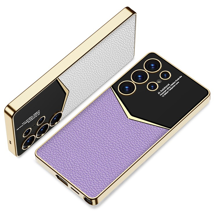 Samsung Galaxy S25 Ultra Leder Hardcase Hülle mit Galvanisiertem Rahmen   Kameraschutz - Gold / Schwarz