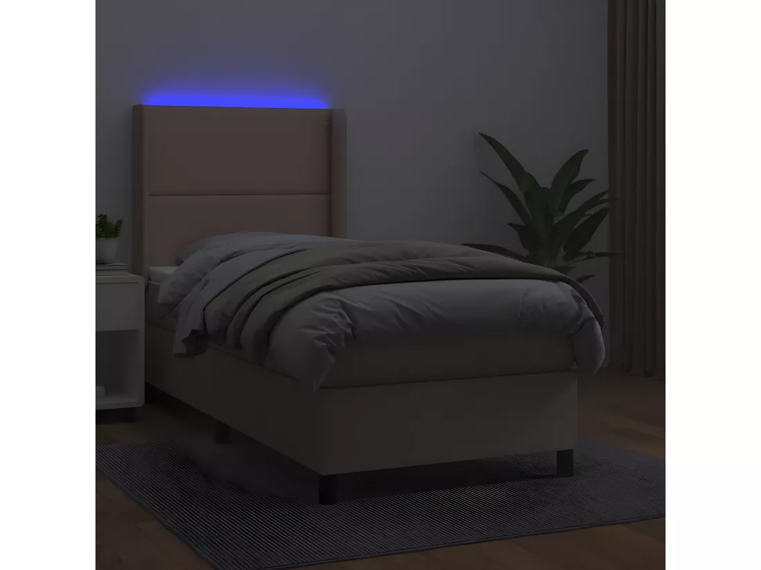Sommier tapissier matelas et LED Cappuccino 90x200cm Similicuir
