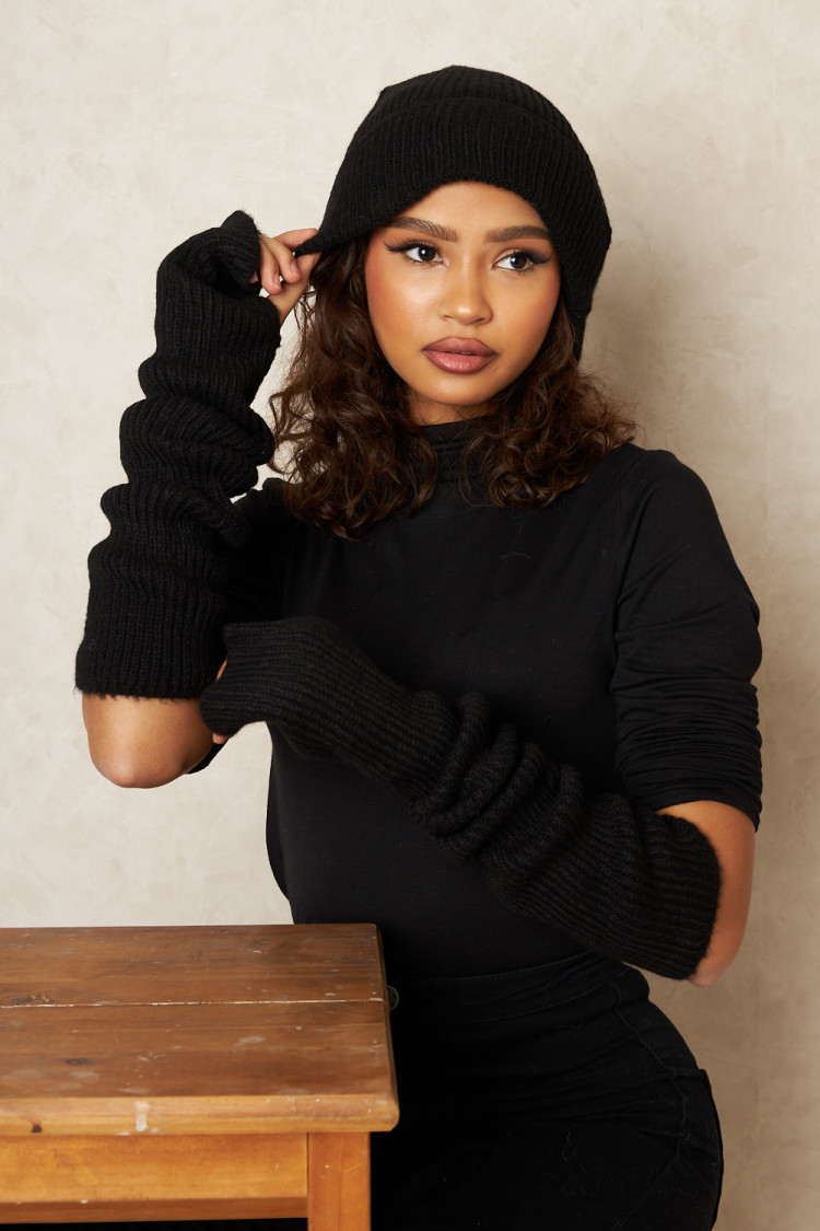 Ensemble 2 pièces bonnet et mitaine en laine noir
