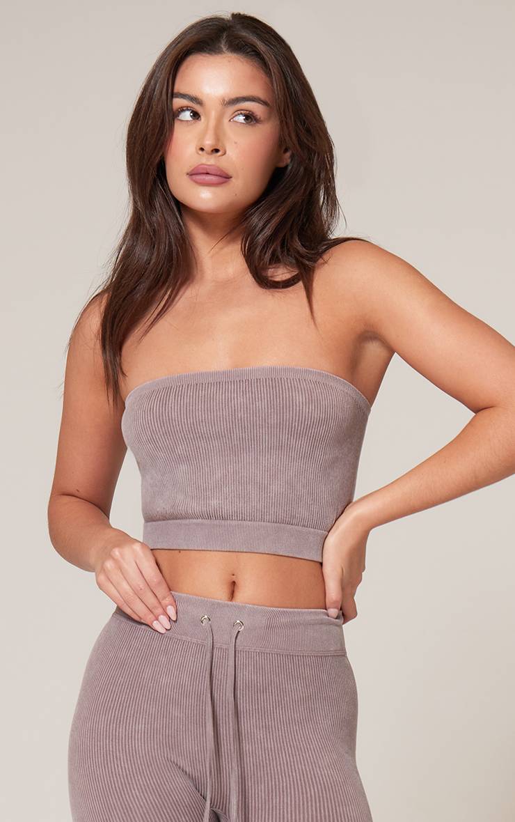 Moka Top Court Bandeau Côtelé Contour Taupe Délavé