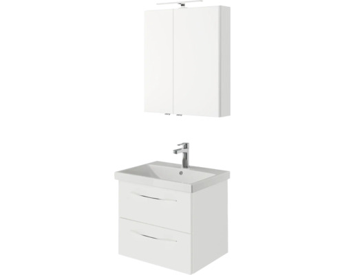 Pelipal Serie 4035 badkamermeubelset, BxHxD 60 x 200 x 45 cm, witte fronten. 3-delige badkamermeubelset bestaande uit een witte keramische wastafel, badmeubel en spiegelkast met LED-verlichting.