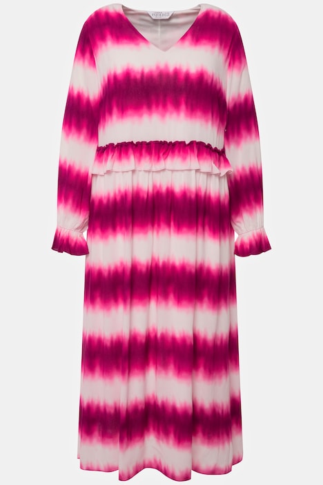 Maxikleid, A-Line, V-Ausschnitt, Rüsche, 3/4-Ärmel, BAtik