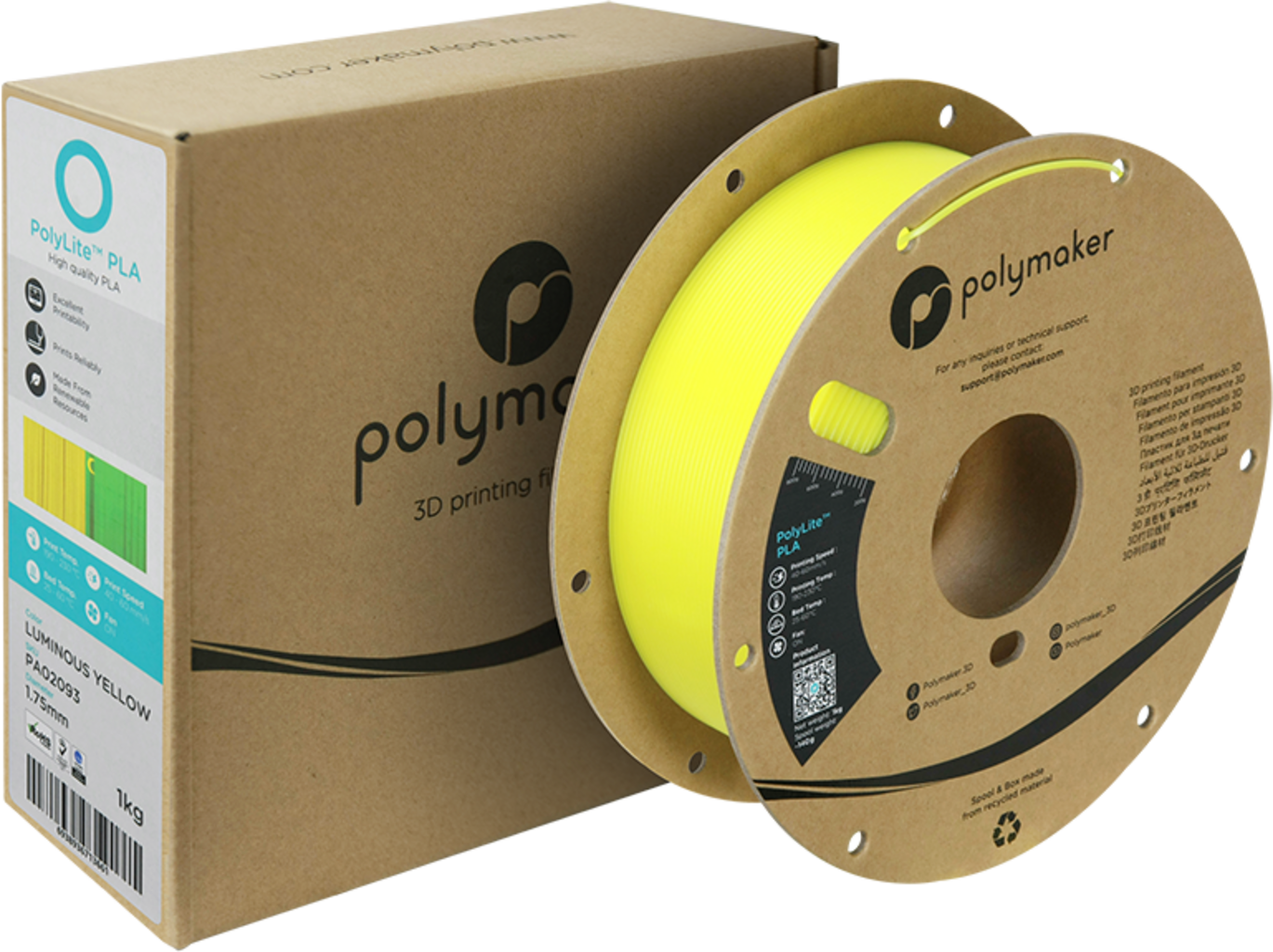 Polymaker  PolyLite Luminous PLA Yellow, 1,75 mm / 1000 g    Hochwertiges Glow in the Dark-PLA