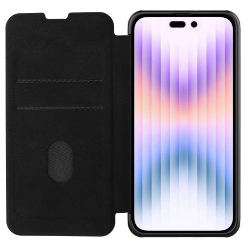 iPhone 14 Pro Leder Tasche Cam-Slider Kameraschutz - Schwarz