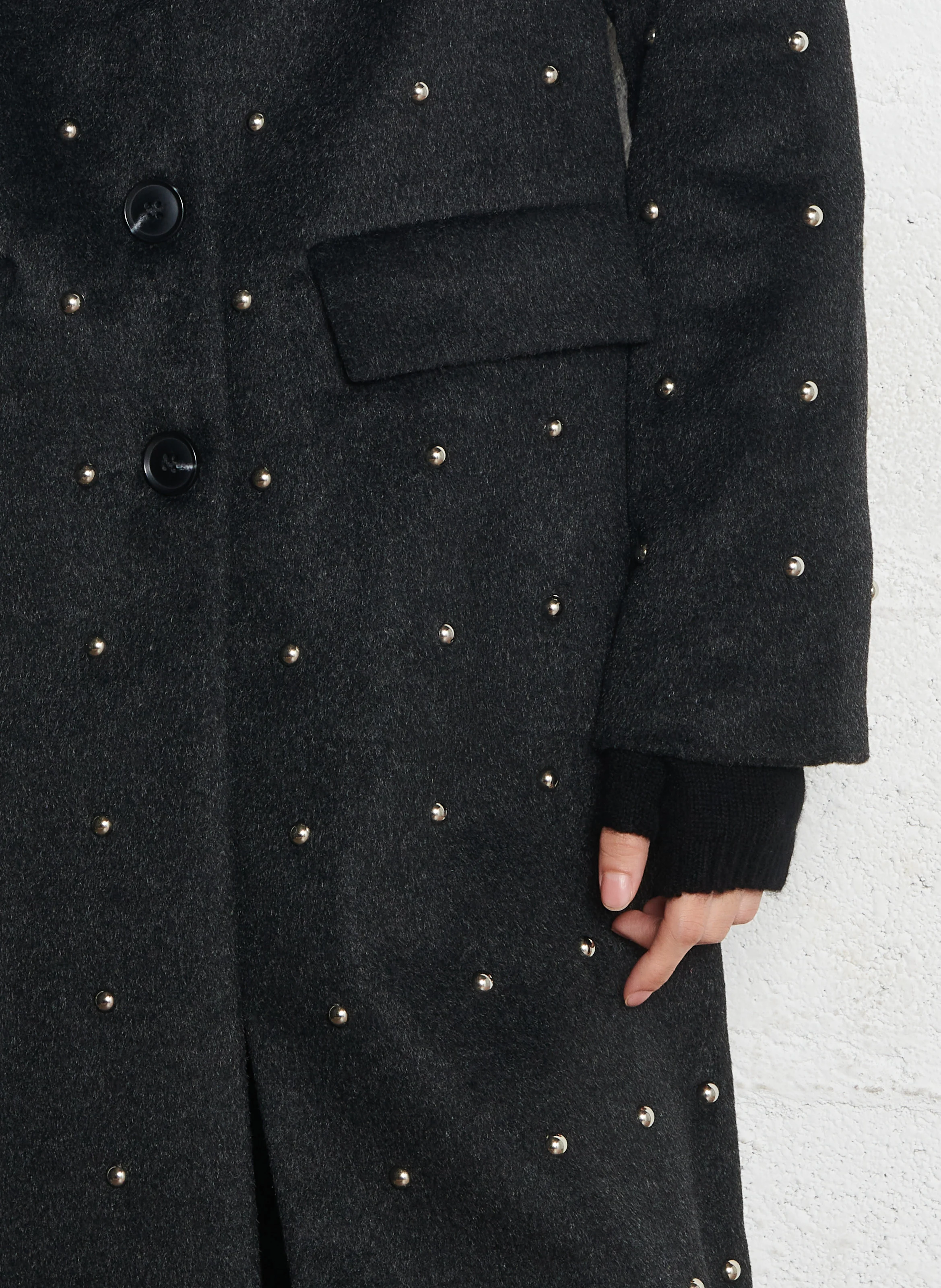 MABEL - Manteau long col tailleur à studs| Noir