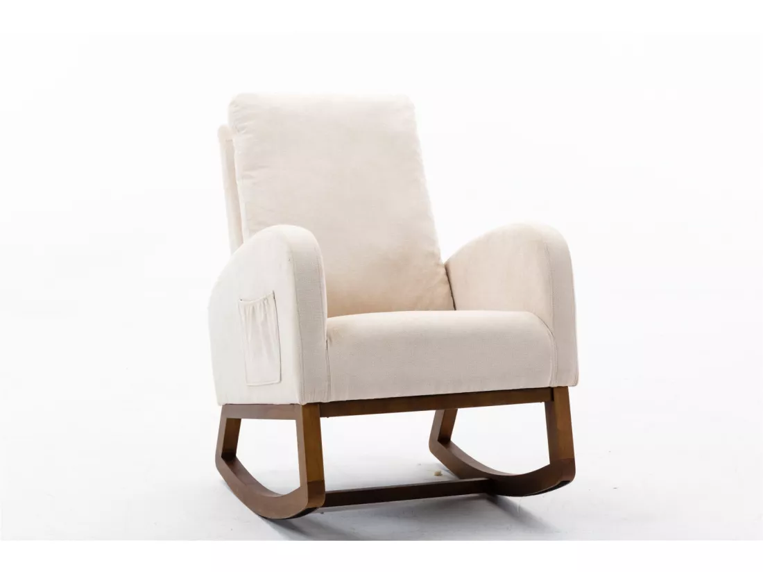 Fauteuil à Bascule - Rocking chair - Dossier Capitonné Pieds en Bois - Style Scandinave - Beige