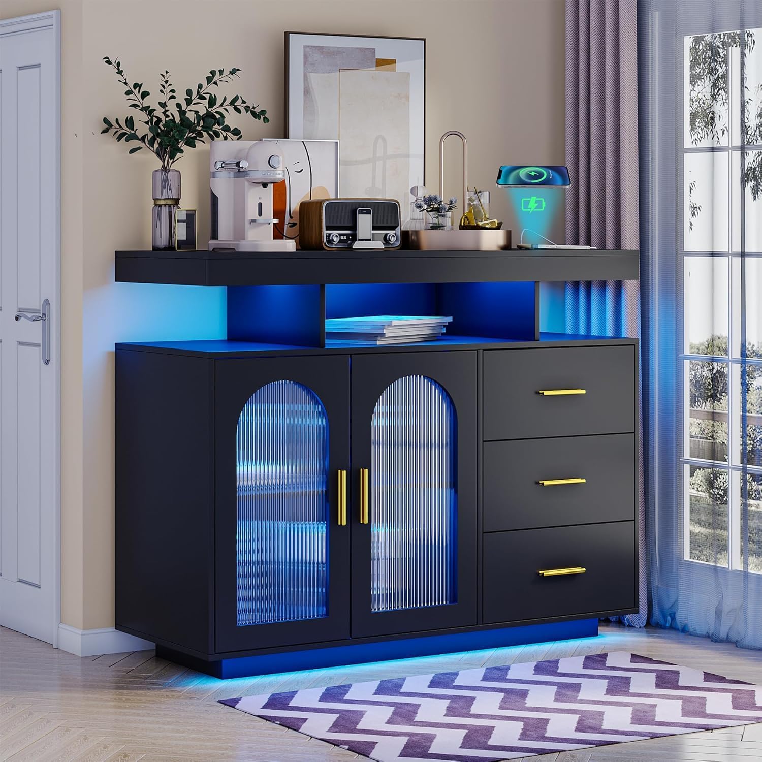 120 cm Küchenschrank Buffetschrank Mit Ladestation, Intelligenter Barschrank Mit Automatischer RGB-Beleuchtung, Kaffeebar Mit 3 Schubladen Kaffeebar MöBel für Küche und Esszimme, Schwarz LK2849469