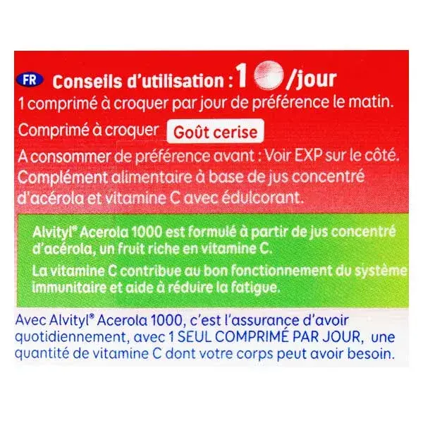 Alvityl Acerola 1000 comprimidos mastigáveis de vitamina C para maiores de 12 anos, 2 embalagens com 30 comprimidos cada.