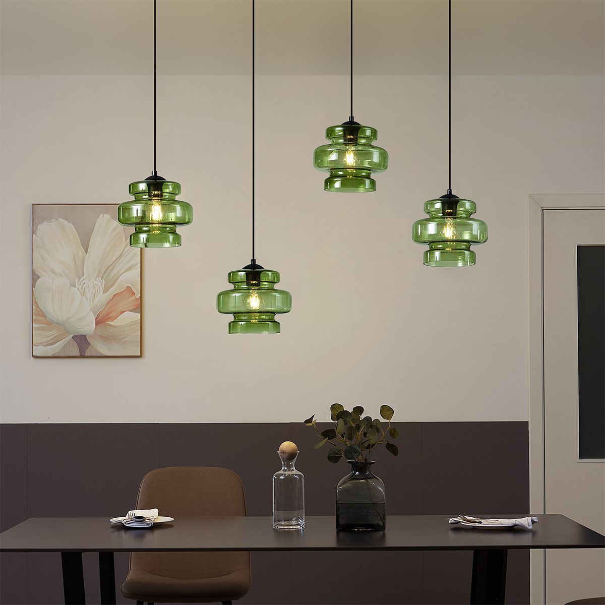 Retro hanglamp zwart met groen glas 4-lichts - Denise