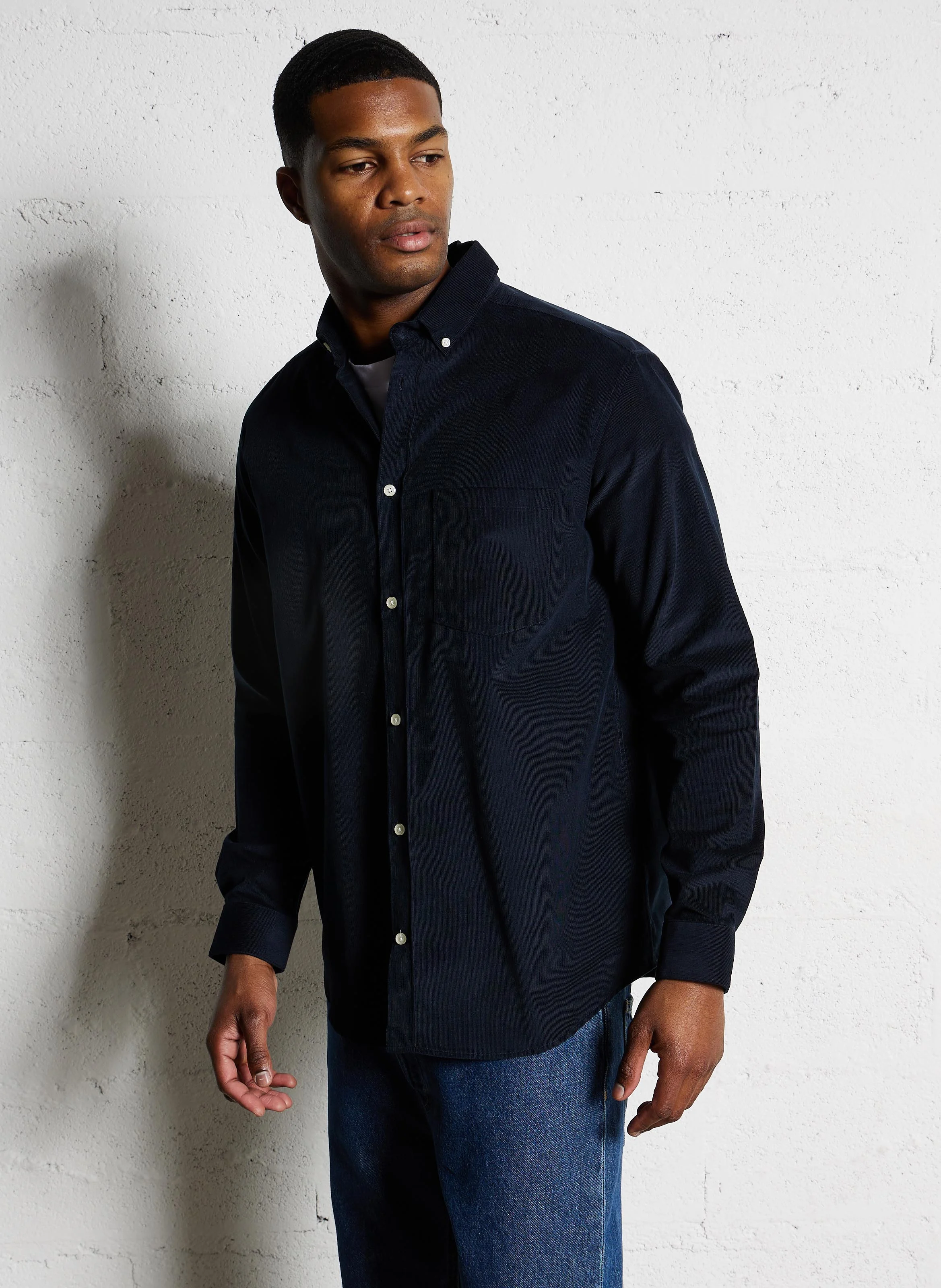Chemise droite en coton côtelé | Bleu