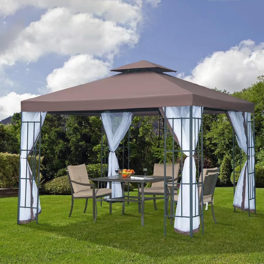 Outsunny Gartenpavillon mit Doppeldach kaffeebraun, weiß, schwarz