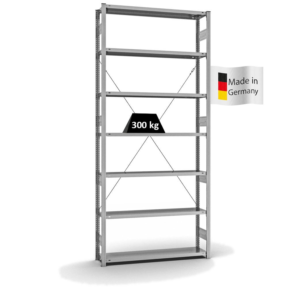 PROREGAL Stellingkast, insteeksysteem, T-profiel, extra zwaar, basiskast, hxbxd 300 x 130 x 30 cm, 7 legborden, draagvermogen 300 kg, toegang aan één zijde, verzinkt