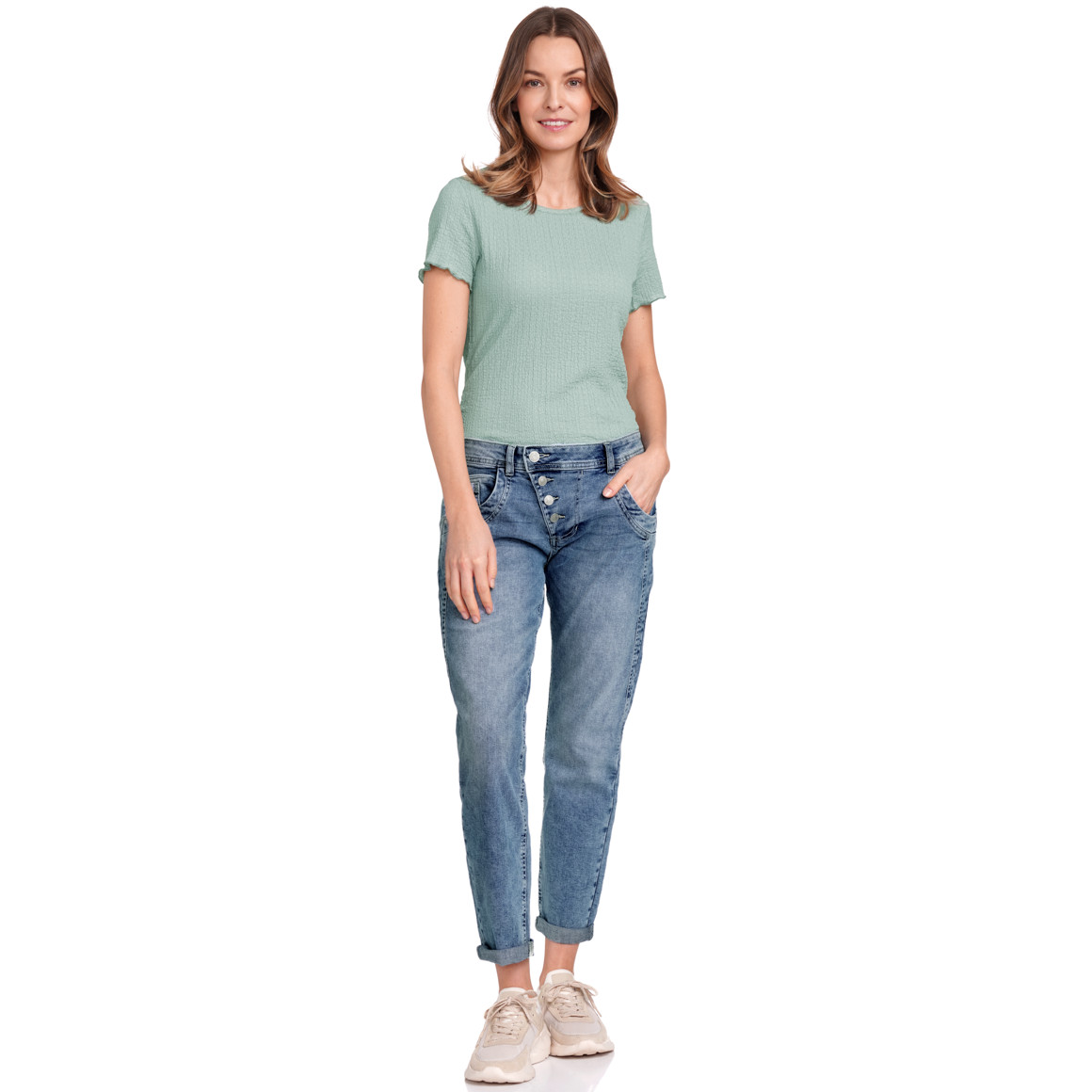 Gina Benotti Damen T-Shirt mit Wellenbündchen oliv