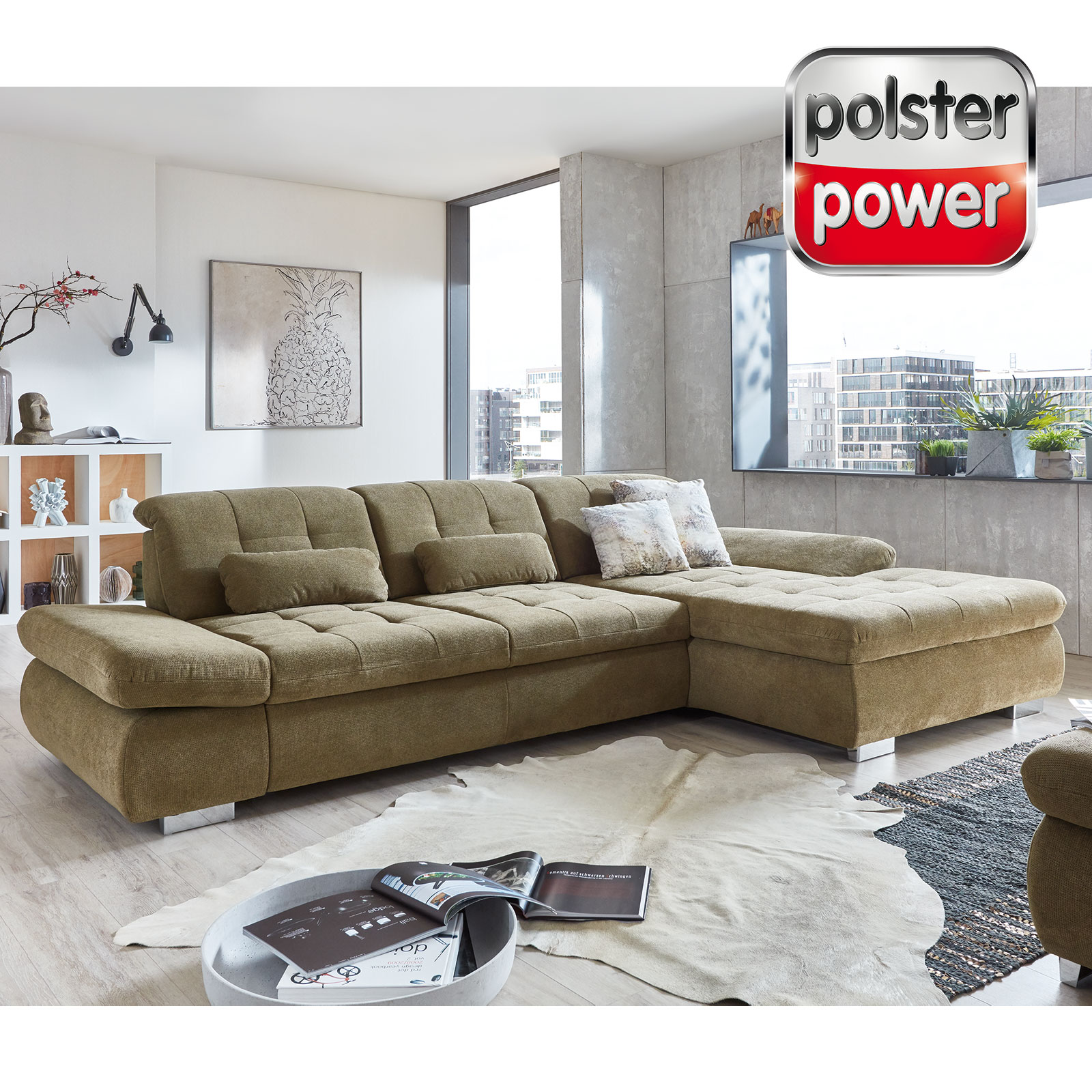 polsterpower Ecksofa - olivgrün - Basismodell - Canapé rechts