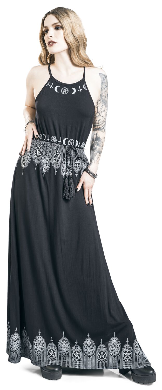 Robe Longue Noire Avec Imprimé & Ceinture Fine | Gothicana by EMP Robe longue